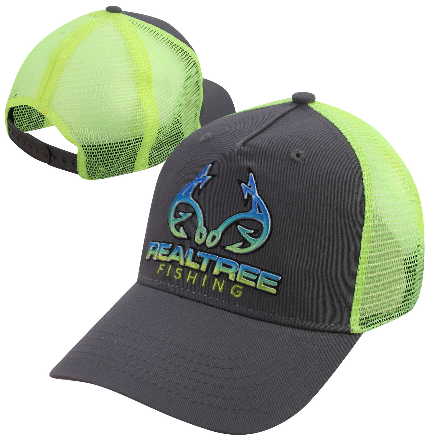 Realtree Fishing Hook Embroidered Mesh Back Trucker Cap- Charcoal/Neon  Yellow