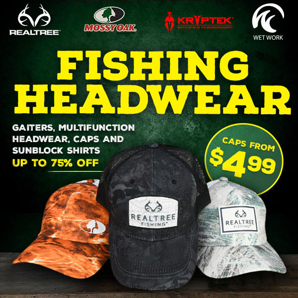 Sun protection fishing wear on sale! Headwear from $4.99: Mossy Oak, Under Armour, Kryptek & more.