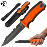 Wet Work Partially Serrated Fixed Blade Dive Knife w/Sheath- Orange/Gun