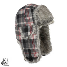 Mad Bomber Wool Bomber Hat (XL)- Black & Grey Plaid/Gry Faux Fur