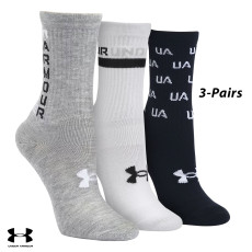 UA Socks: 3-PAIR Cushioned Crew (L)- BLK/WHT/WHT